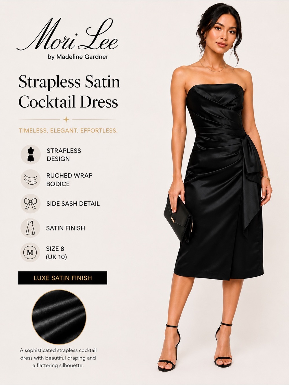 Mori Lee by Madeline Gardner dress black strapless cocktail satin size 7 / 8